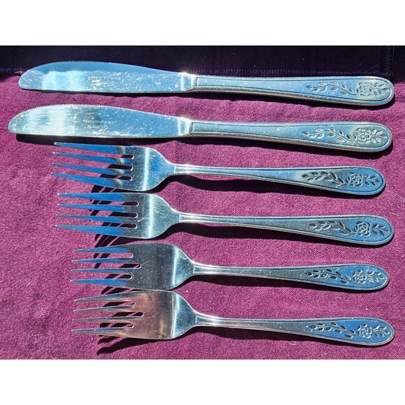 Stanley Roberts Floral Mist 6pc fork knife satin black accent Stainless Flatware - Picture 1 of 10
